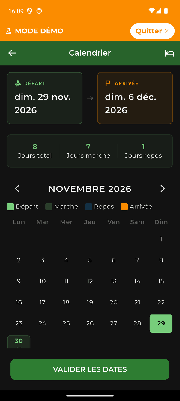 L’écran Calendrier : départ le 5 juin 2027, arrivée le 12 juin, 8 jours dont 1 de repos, et chaque jour de marche posé sur le mois.