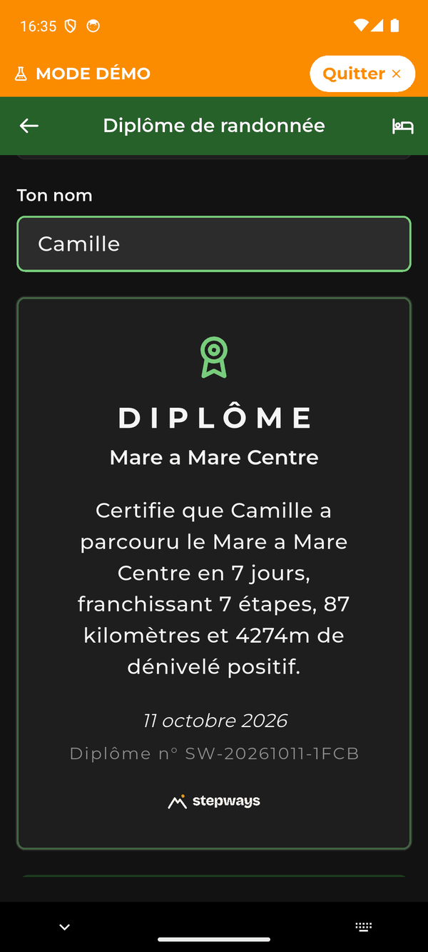 L’écran Diplôme de randonnée : un diplôme nominatif, daté et numéroté, téléchargeable en PDF.