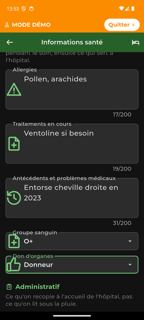 L’écran Informations santé : allergies, traitements en cours, antécédents, groupe sanguin et don d’organes.