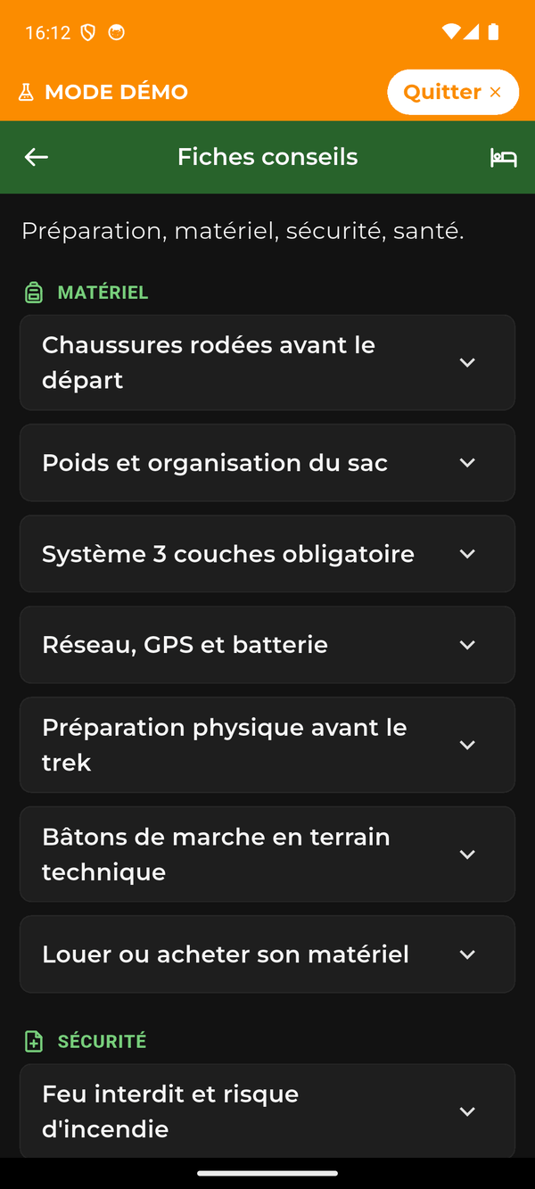 L’écran Fiches conseils : préparation, matériel, sécurité et santé, ici la fiche sur les chaussures à roder avant le départ.