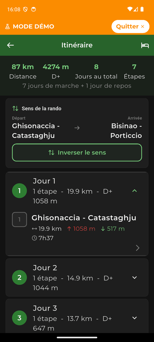 L’écran Itinéraire : 87 km, 4 274 m de dénivelé, 8 jours au total, 7 étapes, le sens de la randonnée et le détail jour par jour.