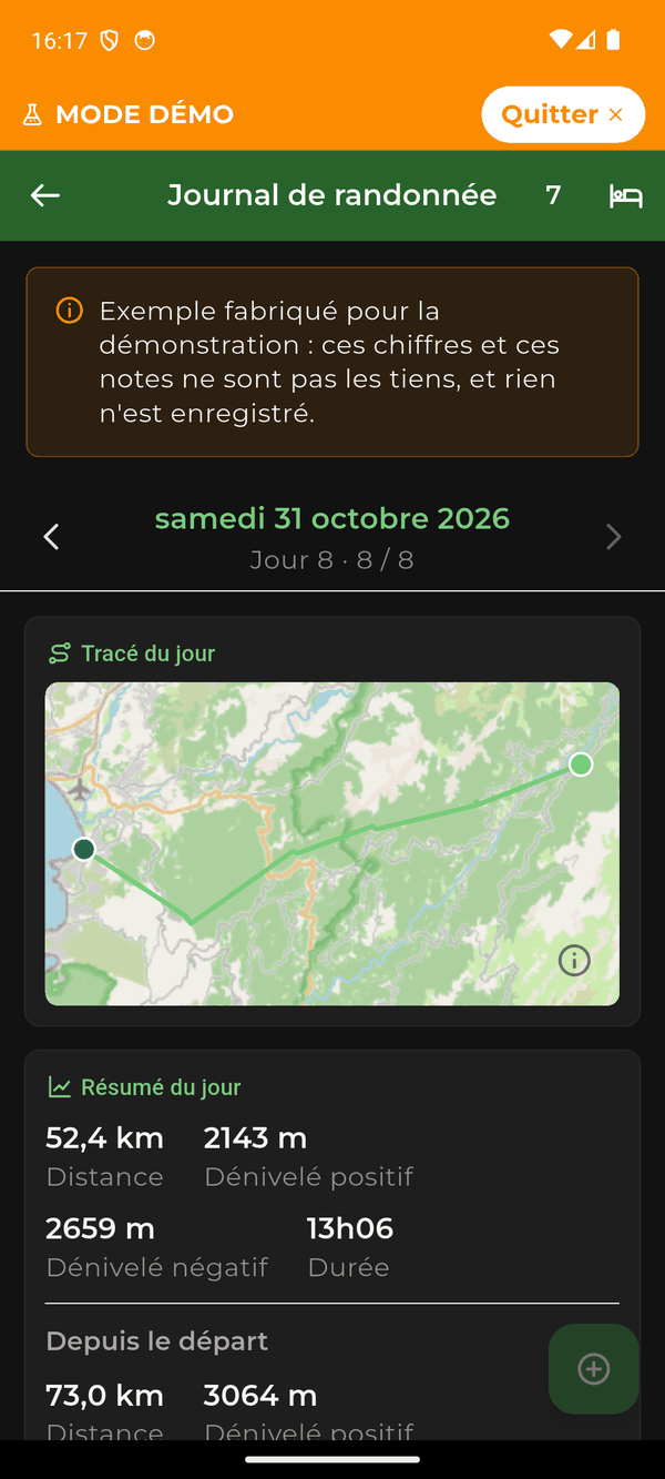 L’écran Journal de randonnée : le tracé du jour sur la carte, la distance, le dénivelé et la durée, puis le cumul depuis le départ.