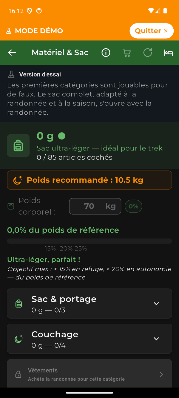 L’écran Matériel et Sac : le poids du sac face au poids recommandé, et les articles à cocher catégorie par catégorie.