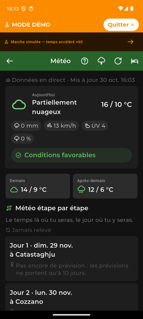 L’écran Météo : le temps du jour et des deux suivants, puis la météo étape par étape, le jour où vous y serez.