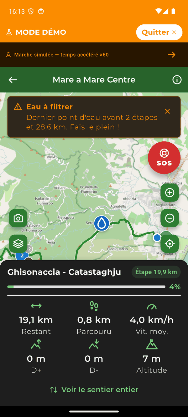 L’écran de navigation : la position avance sur la carte du sentier, le bouton SOS reste à portée de pouce, et l’étape en cours affiche distance restante, distance parcourue, vitesse, dénivelé et altitude.