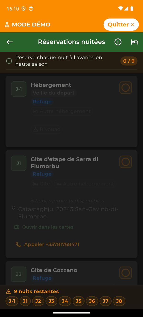 L’écran Réservations nuitées : une ligne par fin d’étape, avec le type d’hébergement et l’état de la réservation.