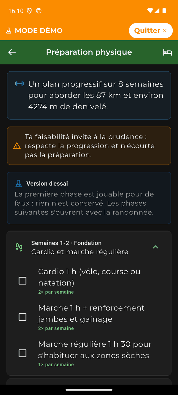 L’écran Préparation physique : un plan progressif sur 8 semaines, avec les séances de la phase Fondation à cocher.
