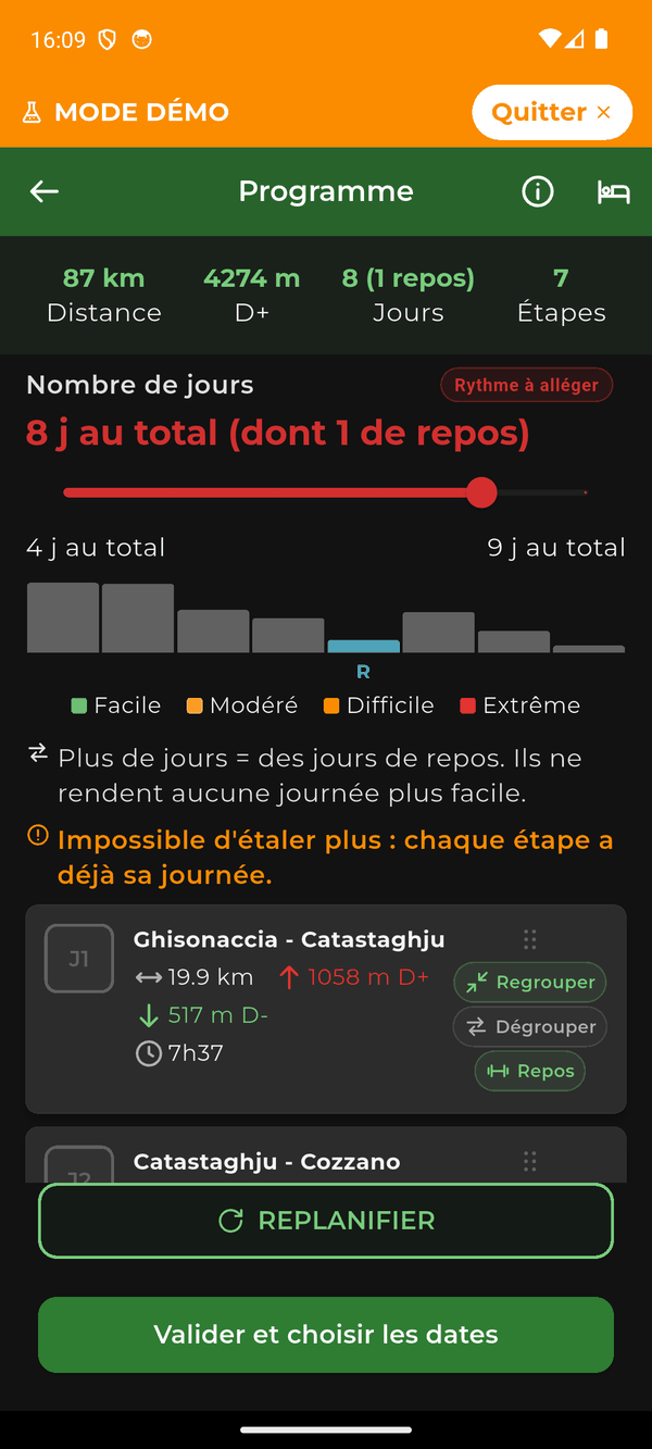 L’écran Programme : un curseur règle le nombre de jours, le profil des étapes s’affiche en barres de difficulté, et chaque étape peut être regroupée, dégroupée ou mise en repos.