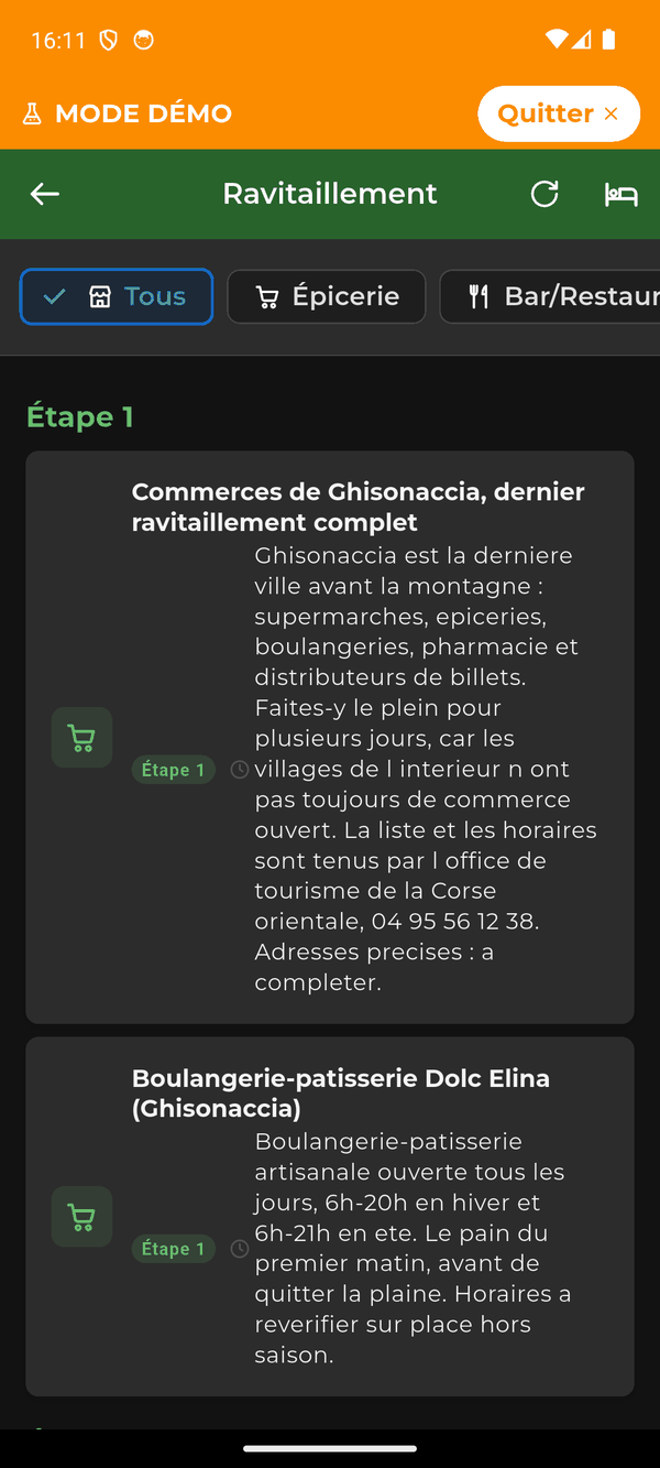 L’écran Ravitaillement : les commerces étape par étape, filtrables par épicerie ou bar-restaurant, avec leurs horaires.