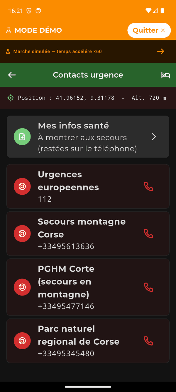 L’écran Contacts urgence : la position GPS en clair, les infos santé à montrer aux secours, puis le 112 et les secours de la région.