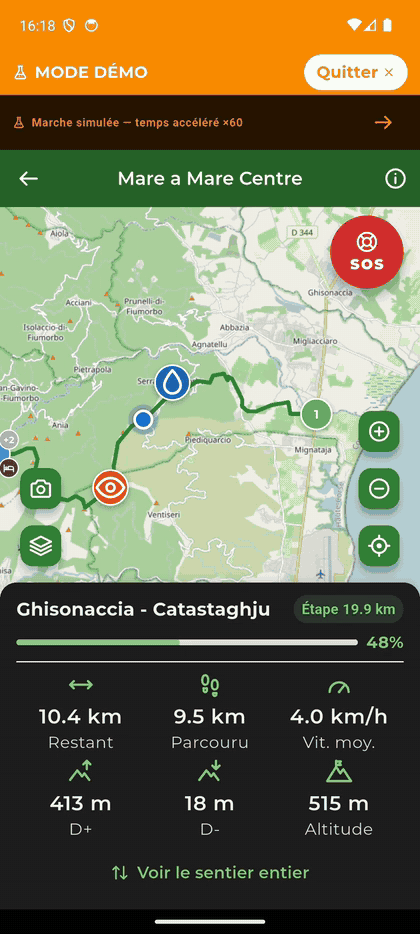 Animation de la navigation : le point de position avance sur la carte du sentier, l'étape en cours affiche les kilomètres restants, le dénivelé et l'altitude.